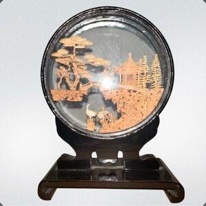 Vintage‎ Chinese Carved Cork Art Diorama ~ Black Lacquer Cranes Pagoda